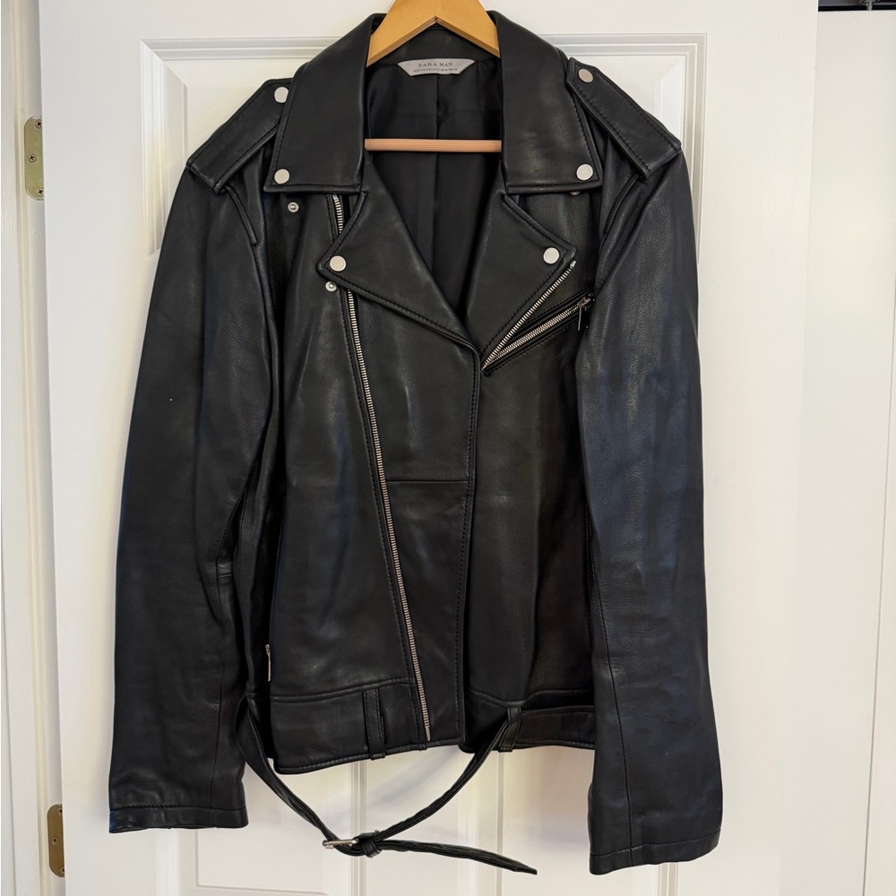 Zara Black 100% Lambskin Leather Moto Jacket